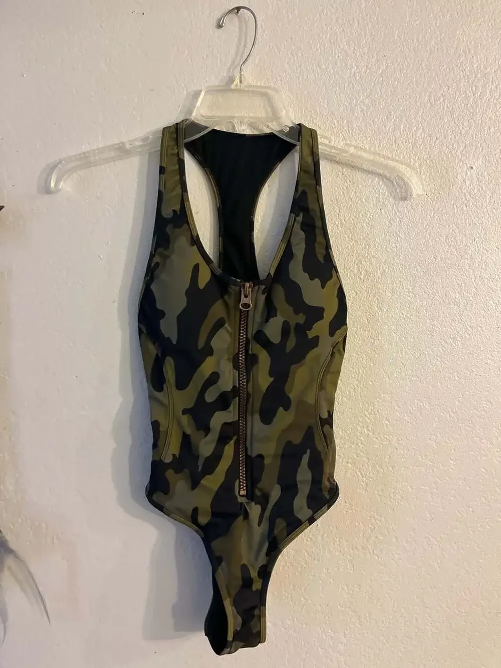 Smart & Sexy Camo Racerback Zip-Front One Piece Swimsuit - Picture 2 of 5